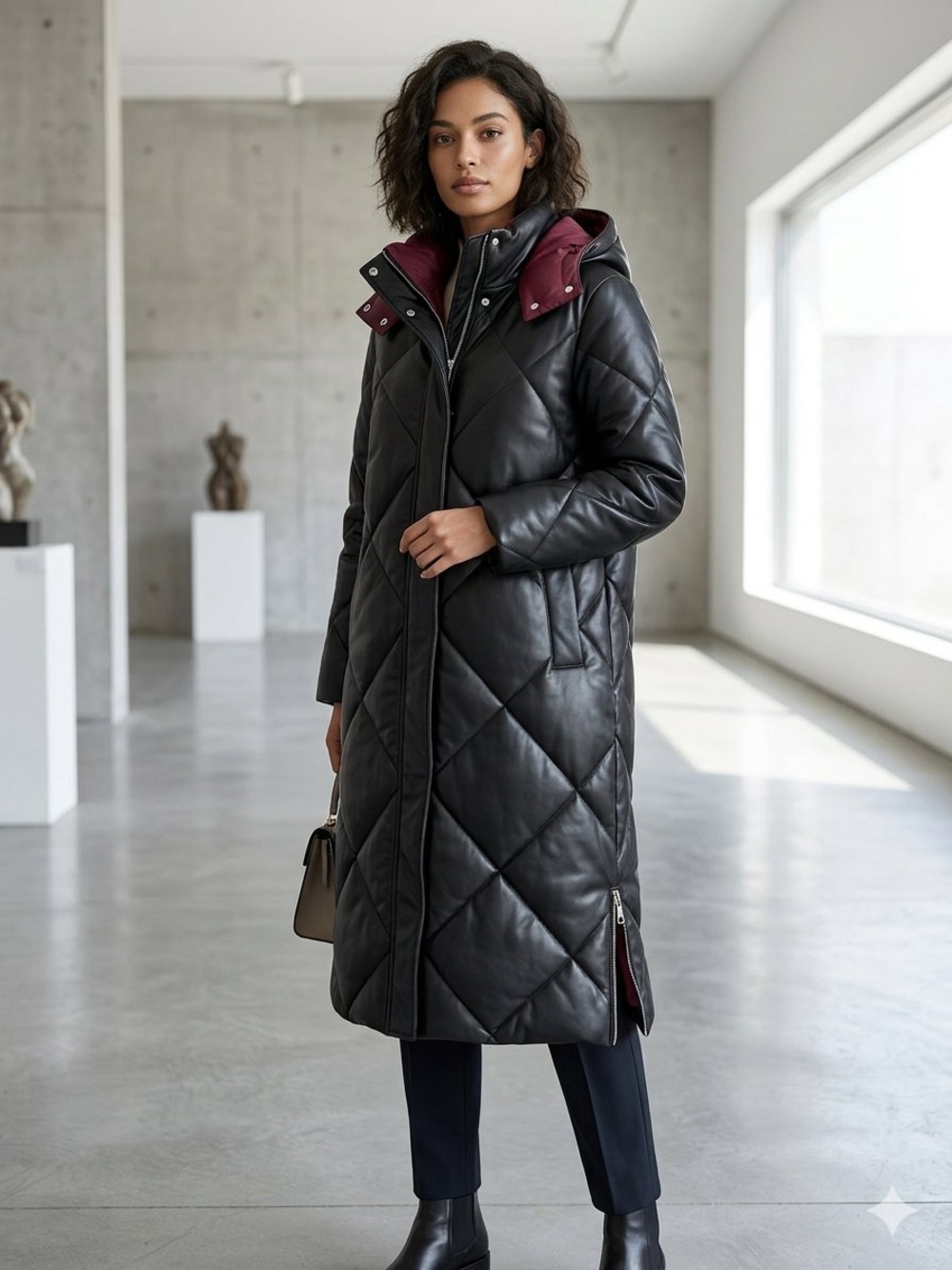Rebecca Minkoff Black Quilted Long Puffer Coat with Burgundy Hood Trim